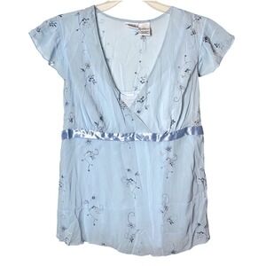 Take Nine Vintage Blouse Womens M Blue Embroidered Satin Trim Fairycore Y2K